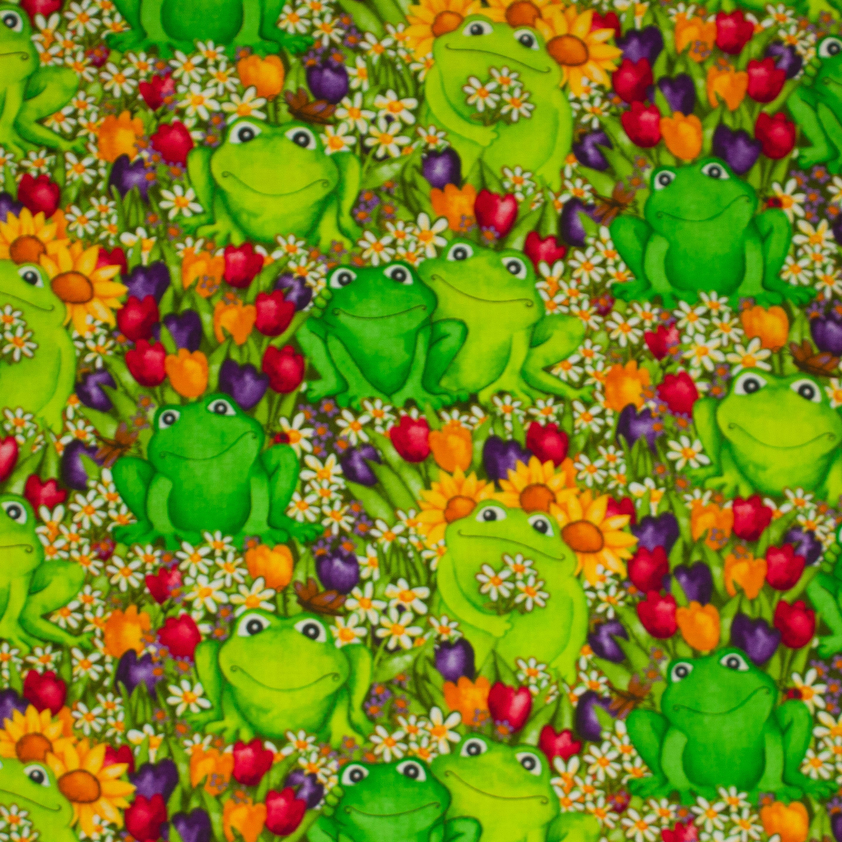 Katoen groen met kikkers en bloemen
